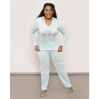 Pijama Plus Size Feminino Longo Com Estampa Verde