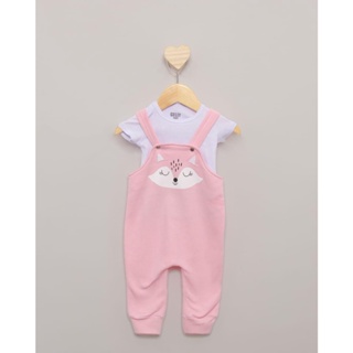 Conjunto Jardineira Bebê Raposa Manga Curta Rosa