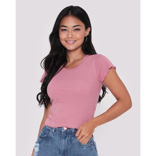 Blusa Feminina Manga Curta Canelada Frufru Rosa Claro