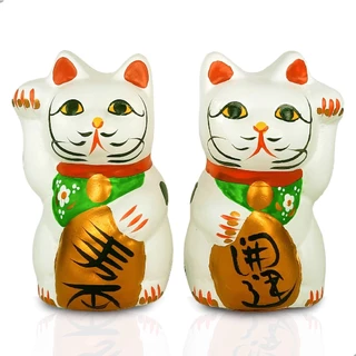 Gato da Sorte Japonês Maneki Neko Decoração Oriental Escultura Acenando Significado Sorte Fortuna Felicidade Casal Cerâmica Branca 10,0 cm