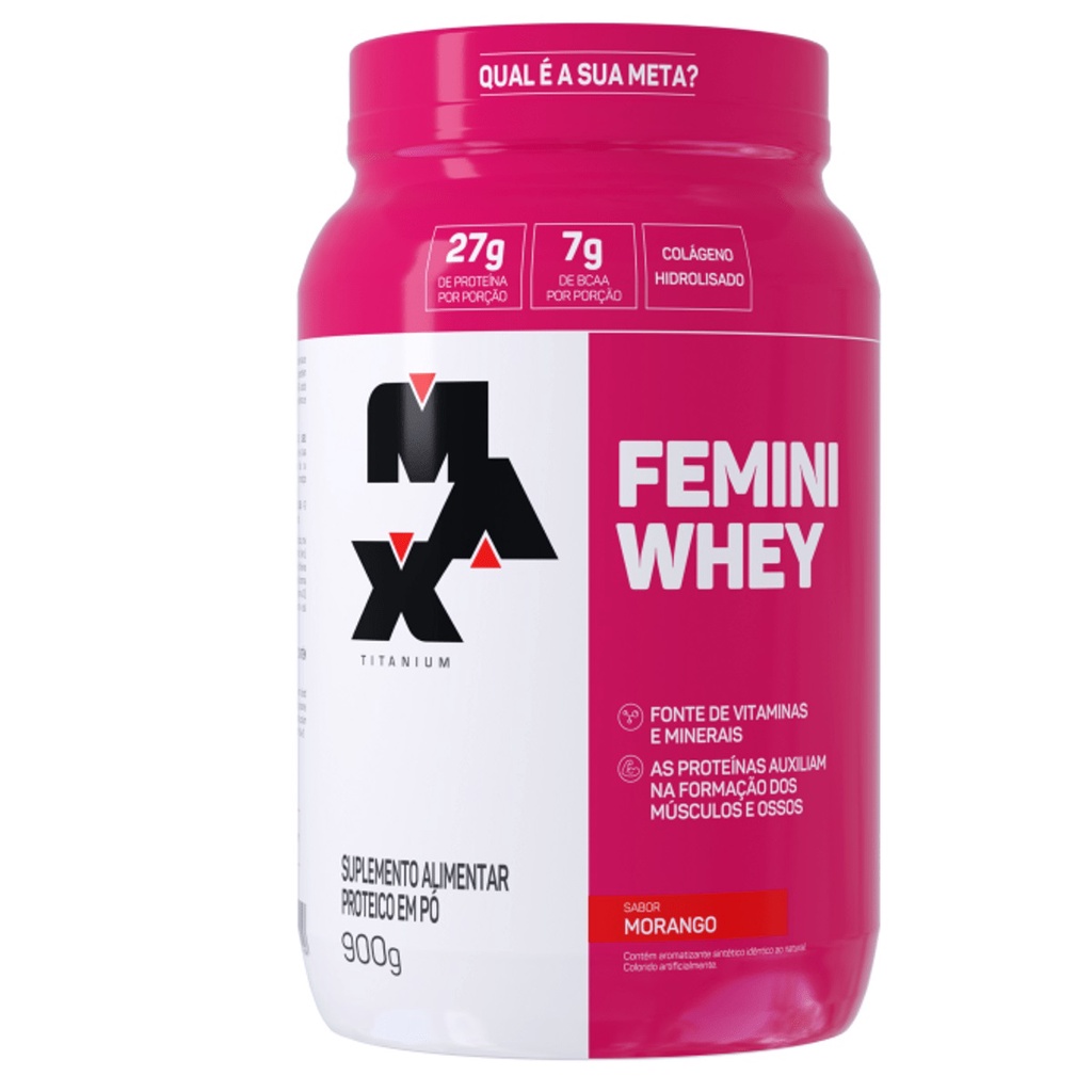 Whey Femini Whey Pote 900g Sabor Morango Max Titanium