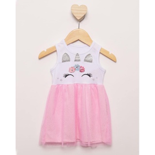 Vestido Bebê Estampa Interativa de Unicórnio Tule Com Gliter Branco