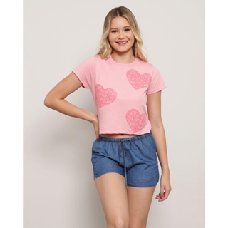 Camiseta Feminina Manga Curta Corações Rosa