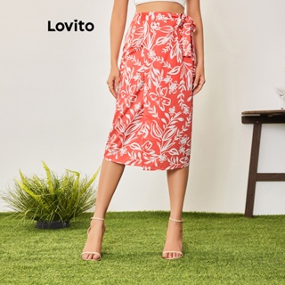 Lovito Casual Saia Feminina com Estampa Tropical Amarrada Cruzada LBL05198 (Vermelho)