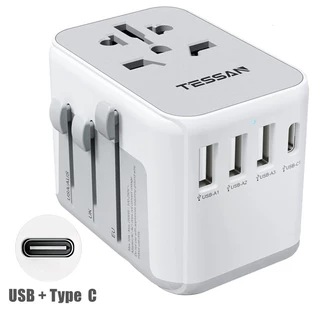 TESSAN Adaptador Universal De Carregador De Viagem Com Tomada | 4 Portas Inteligentes USB 2.4A + 1 Tipo C 3.0A , Tudo Em Um Internacional Plug International Work for US