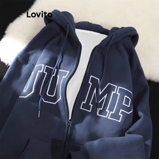 Lovito Casual Moletom Feminino com Estampa de Texto Bolso e Zíper LNA26216 (Azul Escuro)