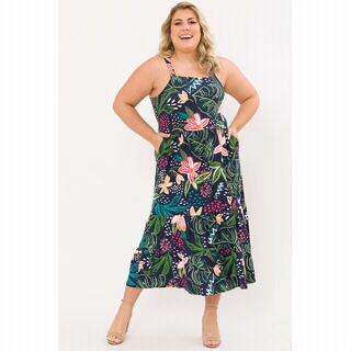 Vestido feminino Plus Size floral com amarração Cess.