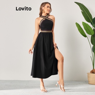 Lovito Vestido Boho com Bloco de Cores e Plissado para Mulheres LBL06063 (Preto)