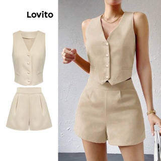 Lovito Conjunto Elegante De Shorts Com Bolso Frontal Com Botão Liso Para Mulheres L74ED069