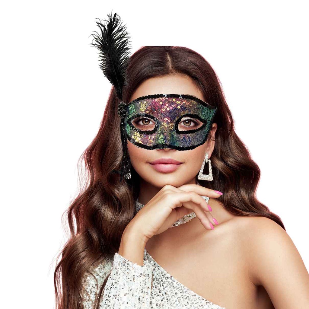 Máscara Veneziana Com Pena e Lantejoulas Acessório Carnaval