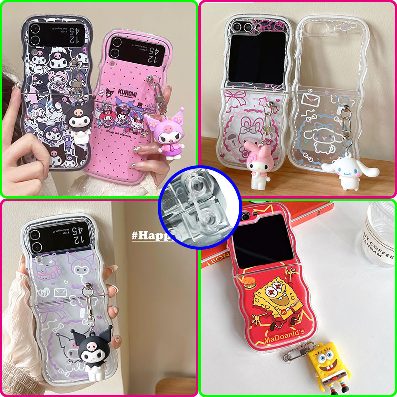 Estética Borda Ondulada Capa De Silicone Macia Cartoon Impresso Com Pingente Samsung Galaxy Z Flip 5 4 3 Estrutura De Torção TPU Onda