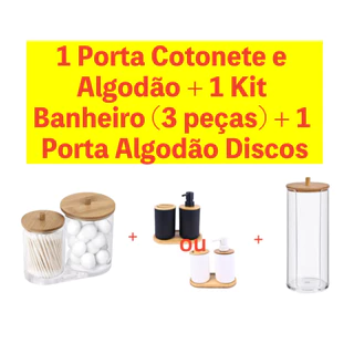 Conjunto Porta Algodão Cotonote Duplo Tampa Bambu E Porta Algodão De Disco Acrílico Transparente E Kit Banheiro 3 Peças em Oferta na Shopee