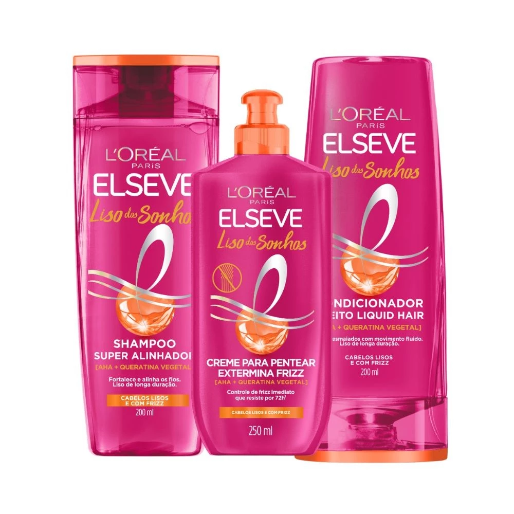 Kit Elseve Liso Dos Sonhos AHA + Queratina Vegetal Shampoo 200ml + Condicionador 200ml + Creme Pentear (3 produtos)
