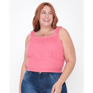 Blusa Plus Size Cropped Feminina Linho Rosa