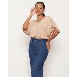 Blusa Feminina Manga 3/4 Com Colisse Viscose Bege