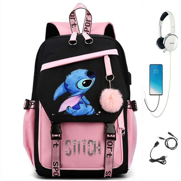 Stitch Mochila Feminino Usb Notebook Escola Mochila Recarregável Crianças Menina Lilo Big Stitch 8MXF