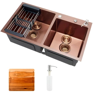 Cuba para cozinha pia dupla em aço inox com acessórios e tábua de corte Awá Pingoo - Dourado rose em Oferta na Shopee