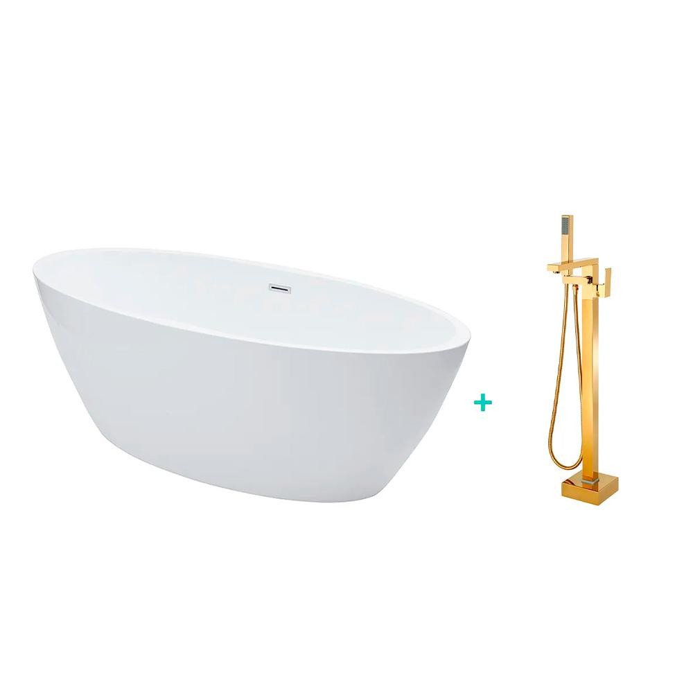 Banheira de Imersao Rubi e Misturador de Piso Monocomando Dourado Pingoo