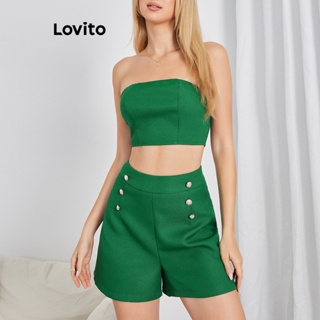 Lovito Conjunto de Shorts com Botões na Frente para Mulheres LBE04036 (Verde)