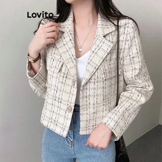Lovito Casual Casaco Feminino Gingham com Botão Frontal LNE29212 (Multicor/Preto)