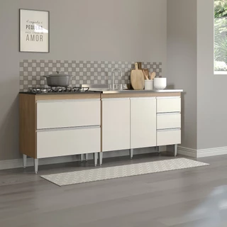 Armário de Cozinha para Kitnet 200x88Cm Balcão Pia Cooktop MDP Branco