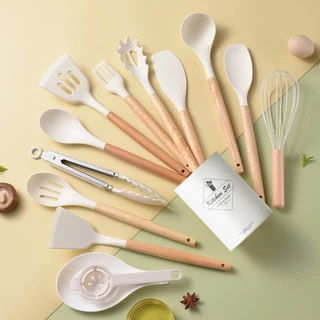 Kit 12 Peças Utensílios Cozinha Silicone Maciço Com Cabo De Madeira Colheres Super Praticas