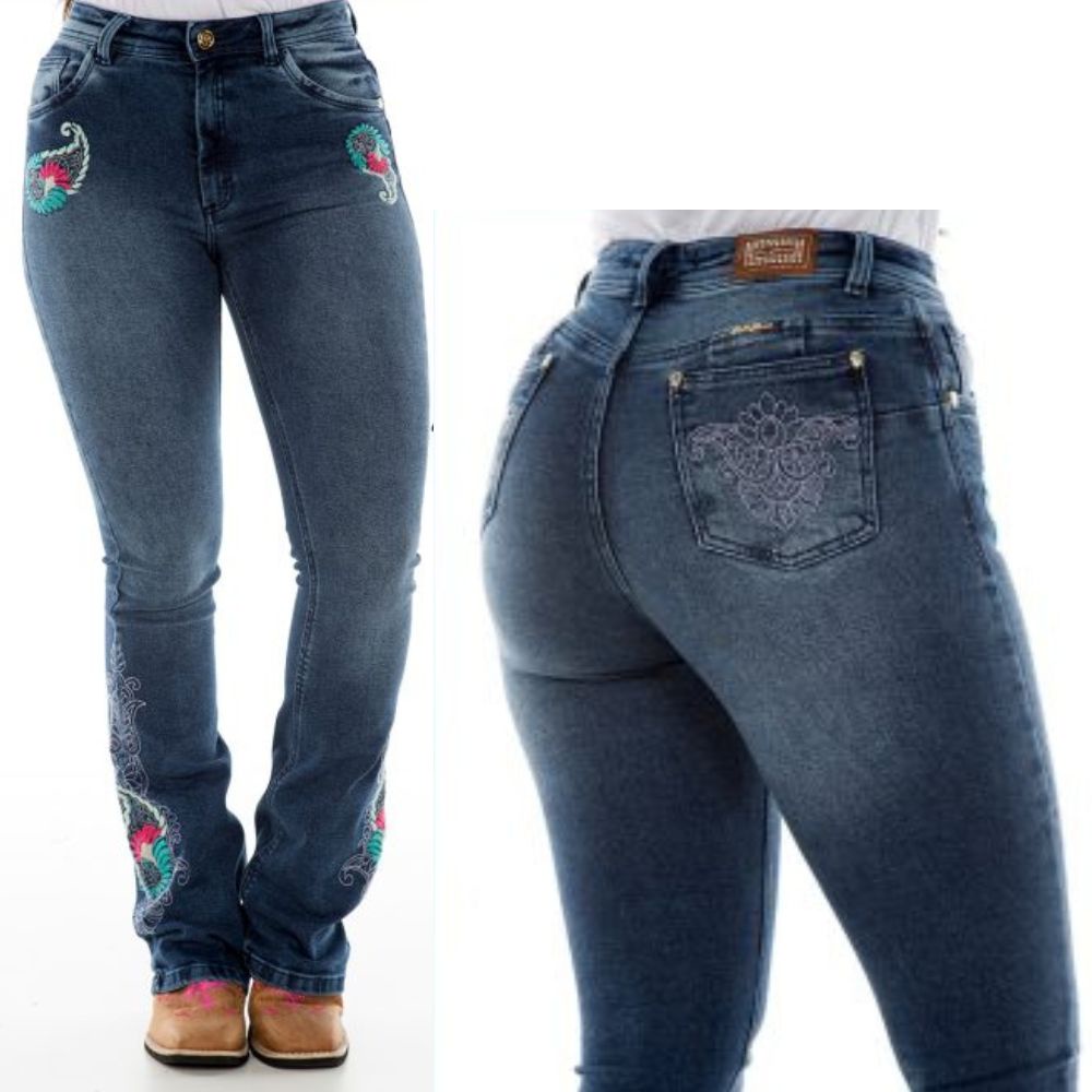 Calça Jeans Flare Barra Larga Com Cintura Alta Bordada Lançamento