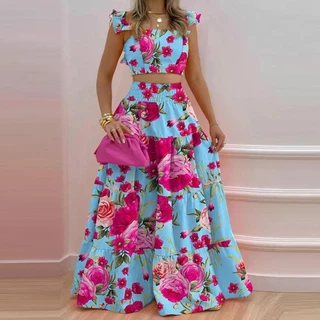 Conjunto De Saia Longa Casual Feminina De Verão Com De Pescoço Quadrado Top