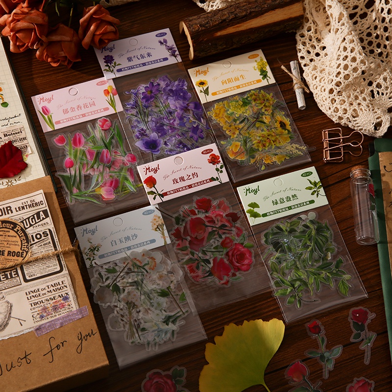 40 Pcs Linguagem Floral Série De Idiomas Flores Botânicas Autocolantes Decorativos Material Decorativo De Bricolagem Pacote De Decalques