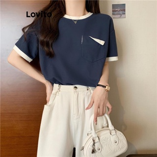 Lovito Camiseta Casual Feminina Com Costura Em Tecido Colorblock Assimétrico Patchwork LNE41062