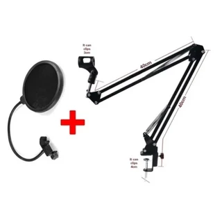 Kit Braço Suporte Articulado Mesa Microfone + Pop Filter Grande 15cm
