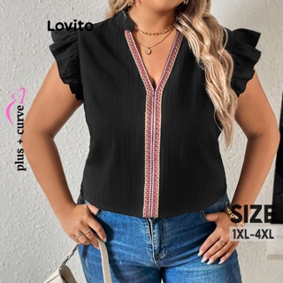 Lovito Blusa Feminina Casual Patchwork Com Babados E Costura Em Tecido Plus Size LNL43089