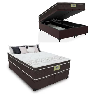 Cama Box Baú Casal Queen Colchão Molas Ensacadas Euro Top Rubi Gazin 158x198x73cm Marrom/Branco