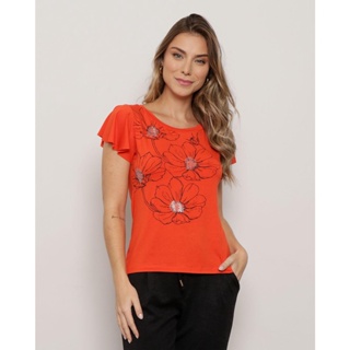 Blusa Feminina Estampa Floral Com Aplique Manga Curta Laranja