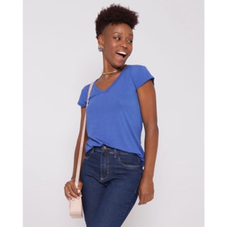 Blusa Feminina Manga Curta Decote V Azul