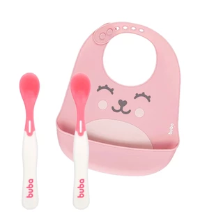 Babador de Silicone com Pega Migalhas Gumy Rosa + Duas Colheres Termossensíveis Rosa Buba
