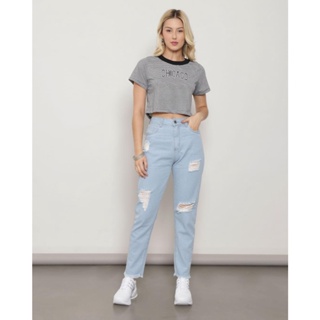 Calça Jeans Feminina Mom Destroyed Azul Claro