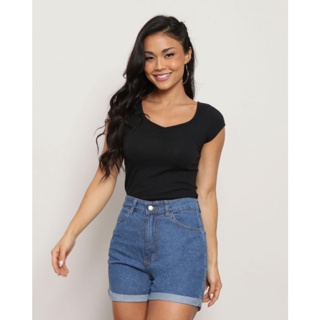 Blusa Feminina Manga Curta Canelada Franzida Preta