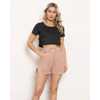 Blusa Feminina Manga Curta Cropped Canelada Preta