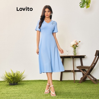 Lovito Casual Vestido Feminino Liso com Bordado LBA05086 (Azul)