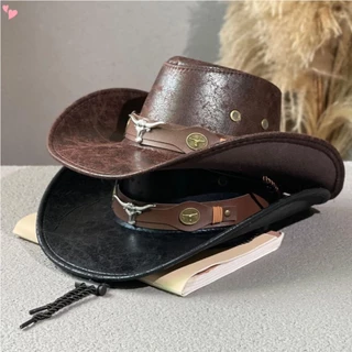 Mulher Homem Chapéu De Couro Ocidental Cowboy Aba Larga Com Cordão