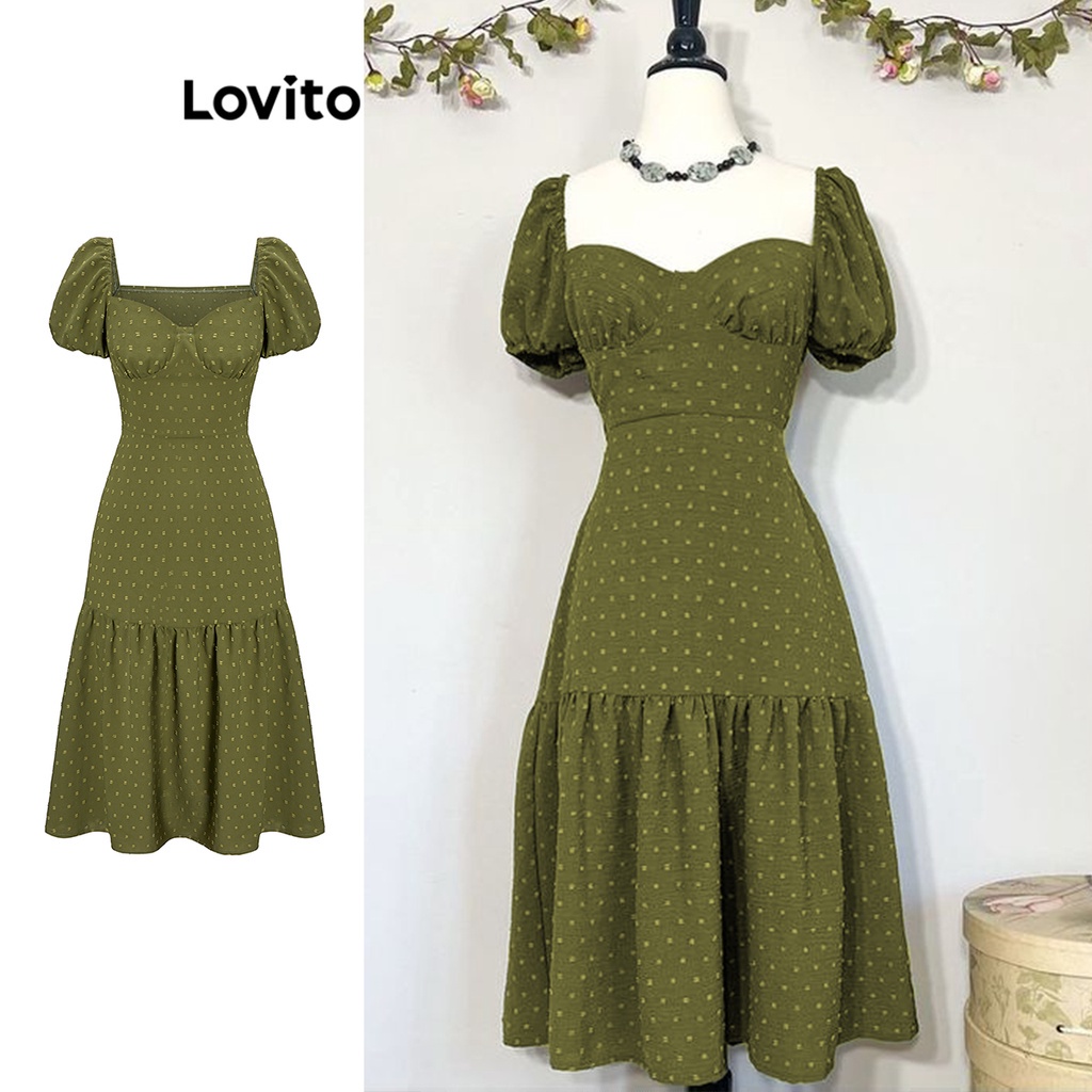 Lovito Casual Vestido Feminino Liso de Manga Bufante com Bainha de Babados L68ED162 (Verde Oliva)