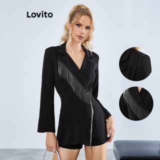 Lovito Macaquinho Elegante Corte Assimétrico e Franjas para Mulheres LBE01082 (Preto)