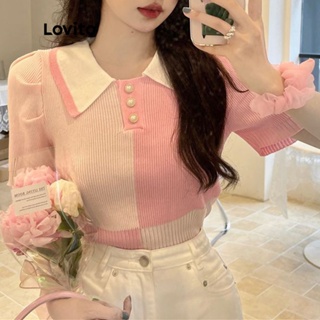 Lovito Casual Blusa Feminina Lisa Cropped de Tricô com Manga Curta Costura Contrastante e Gola LNA14008 (Rosa)