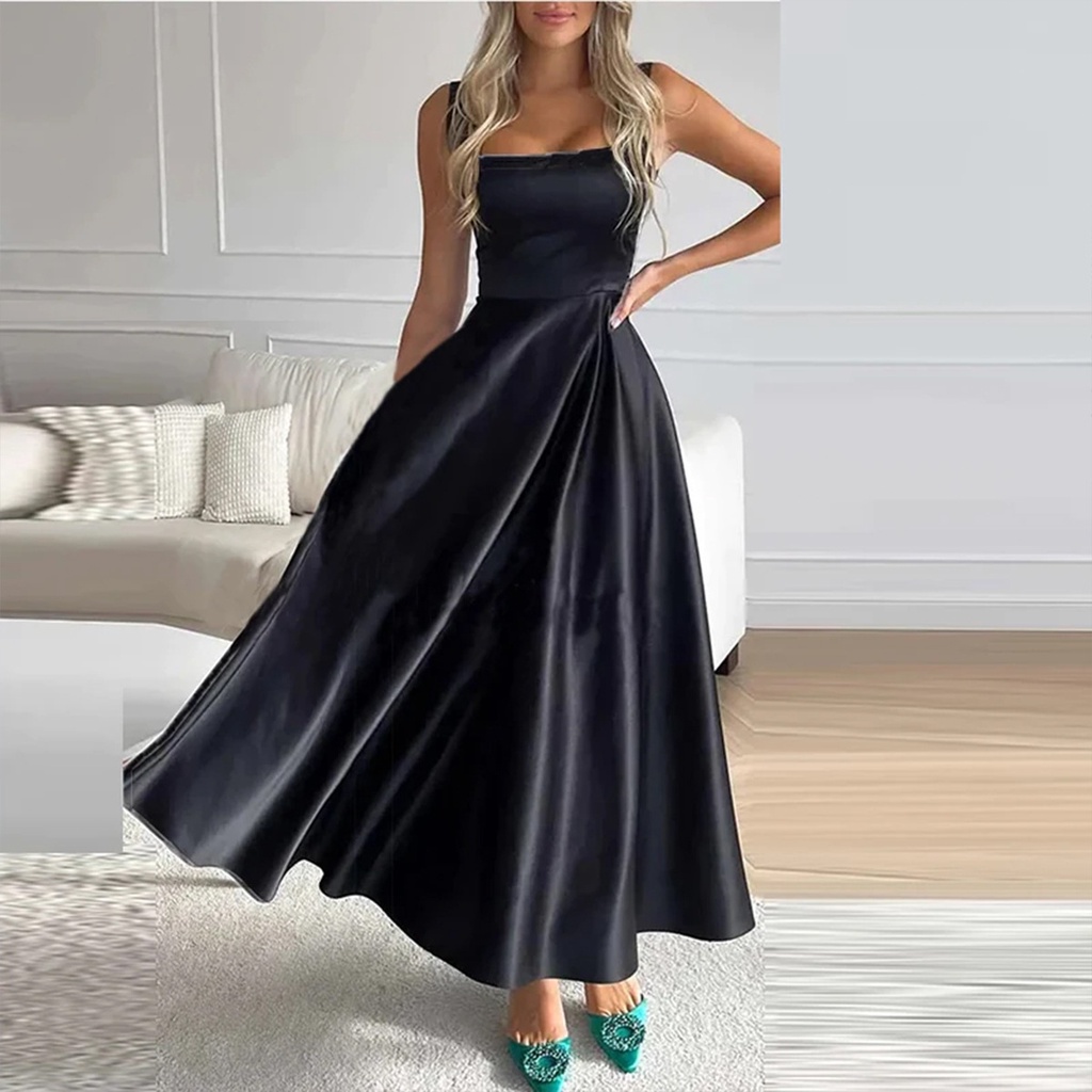 Vestido Longo elegante Gola Quadrada cintura baloiço babado decote ...