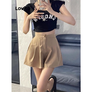 Lovito Shorts Plissados Casuais Com Botões Lisos Para Mulheres LNA41001
