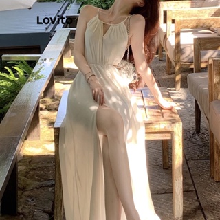 Lovito Vestido Boho Liso Com Corte Ombro Frio E Frente Dividida Para Mulheres LNA41071