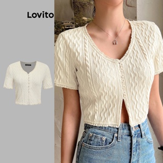 Lovito Camiseta Feminina Casual De Tecido Texturizado Com Botão Liso E Gola Com Babados L73AD015