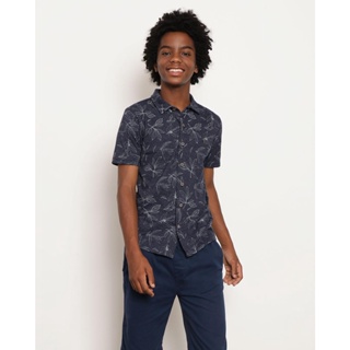Camisa Juvenil Manga Curta Estampa Folhagem Marinho