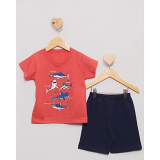 Conjunto Bebê Curto Estampa Tubarão Laranja